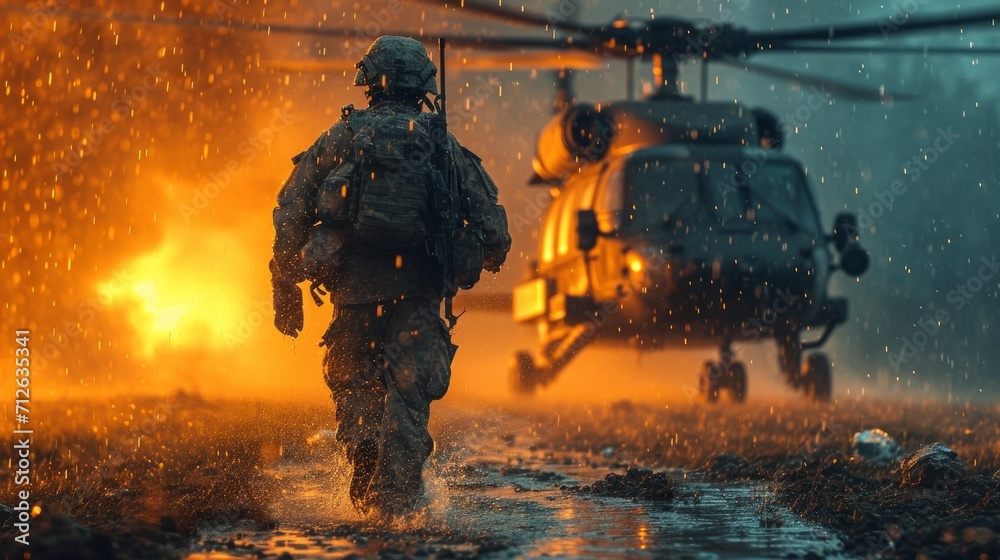 back view of a soldier running to the helicopter during rain - obrazy, fototapety, plakaty 