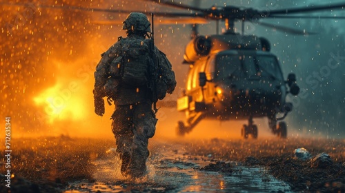 back view of a soldier running to the helicopter during rain photo