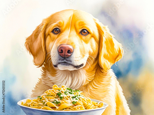 Dog and plate of pasta, dog eating pasta. In watercolor art style. A holiday card, with copy space