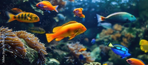 Vibrant fish in a tank  showcasing underwater nature and wildlife.
