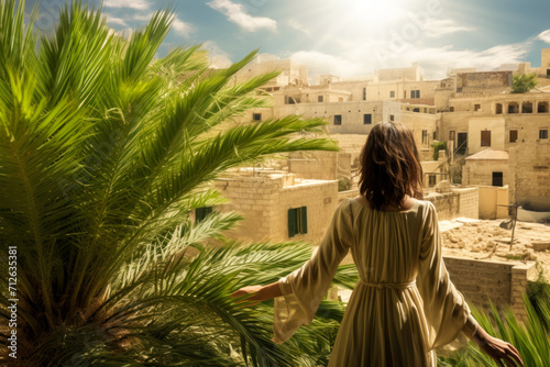 Girl on the roof of a house next to a palm tree, sunrise over the old town, idea for a background for Palm Sunday photo