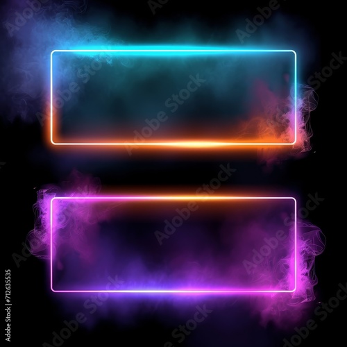 a colorful neon light rectangular frame with smoke on black background