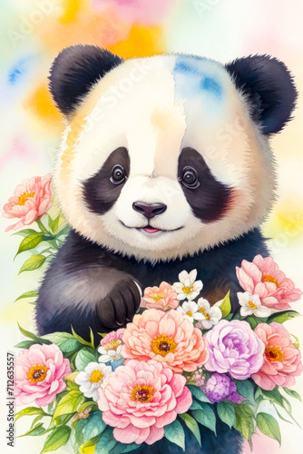 Cute panda. Watercolor painting style, panda with flowers, spring holiday concept