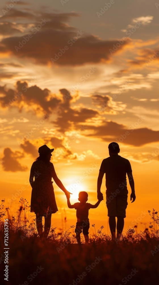 silhouette of happy family looking sunset at evening