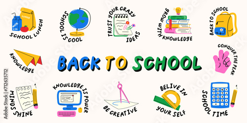 A set of school themed design elements with various phrases in a flat minimalistic style. Hand drawn vector illustration. Design template, distorted text.