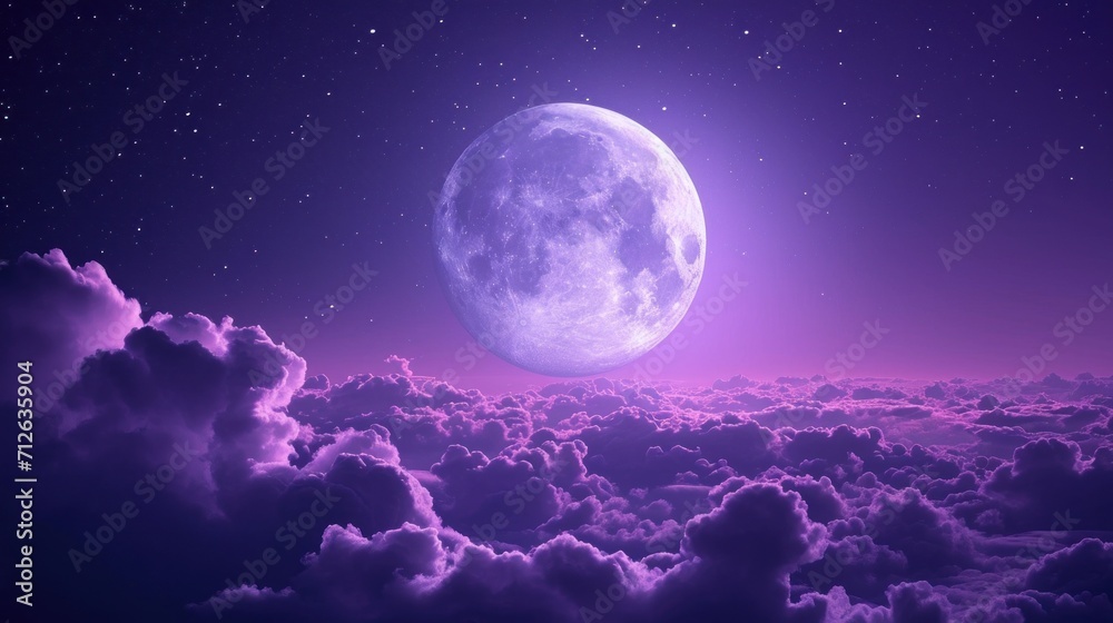 purple view of glowing moon with clouds in starry sky