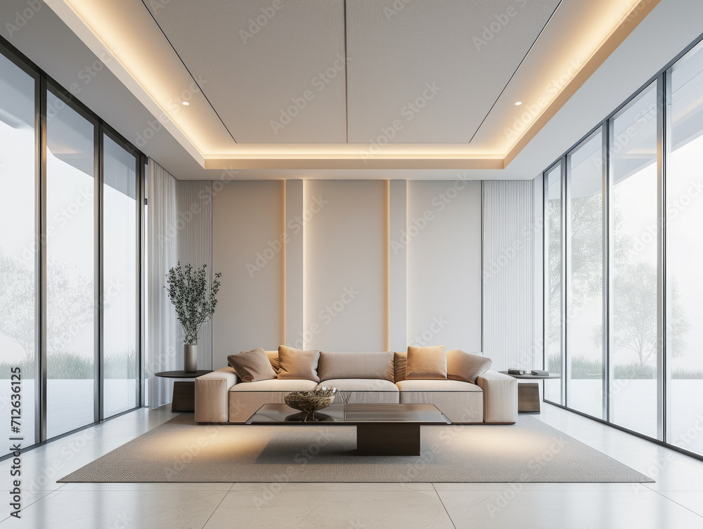 Fototapeta premium Contemporary Living Room with Large Windows and Elegant Furniture