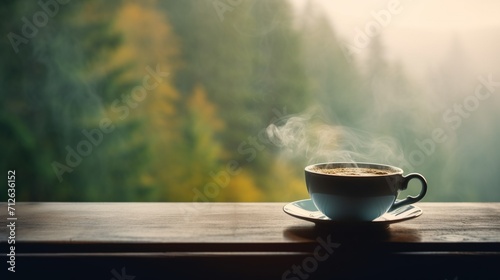 A cozy scene of a teacup on a window sill, with a soft focus on a misty forest landscape outside photo