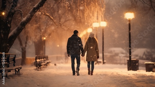 A couple in elegant winter attire  walking through a snowy park