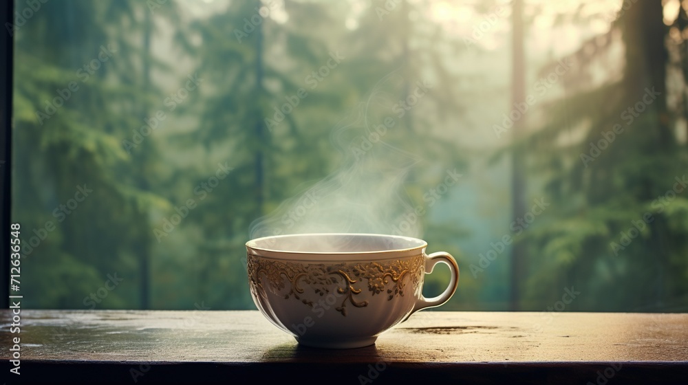 A cozy scene of a teacup on a window sill, with a soft focus on a misty forest landscape outside