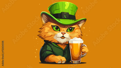 copy space, vector illustration, Portrait of orange cat wearing green hat holding beer. Beautiful mockup for Saint Patrick’s day. Design for greeting card, invitation, poster.