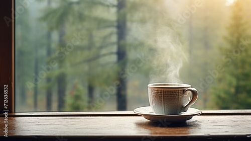 A cozy scene of a teacup on a window sill, with a soft focus on a misty forest landscape outside