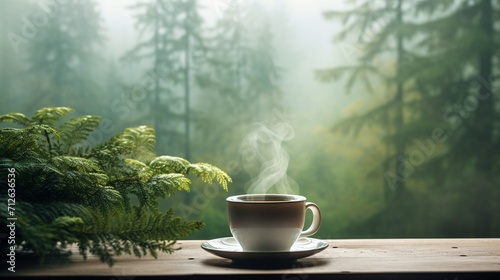 A cozy scene of a teacup on a window sill, with a soft focus on a misty forest landscape outside photo