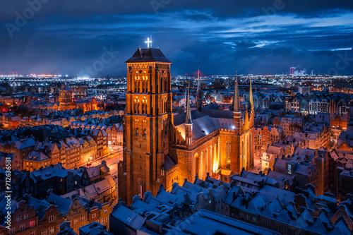 Aerial view of the beautiful main city in Gdansk at winter, Poland