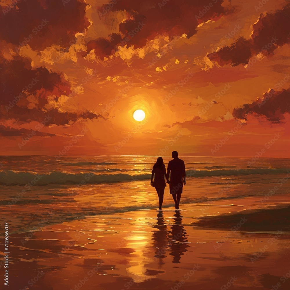a couple taking a romantic stroll along the beach during a breathtaking sunset. Highlight the warm tones of the sky and capture the love between the two characters