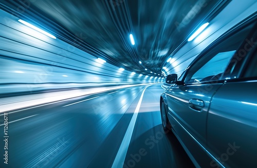 Car with high speed rides through tunnel with blurred image, side view of car, 3d rendering illustration Generative AI