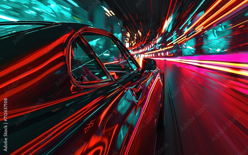 Bright car driving at high speed through tunnel with blurred colorful perspective of neon lights and stripes of light trails, illustration Generative AI Bright car driving at high speed through tunnel with blurred colorful perspective of neon lights and stripes of light trails, illustration Generative AI