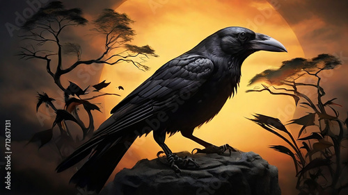 A black crow sit on the tree, reallistic picture photo
