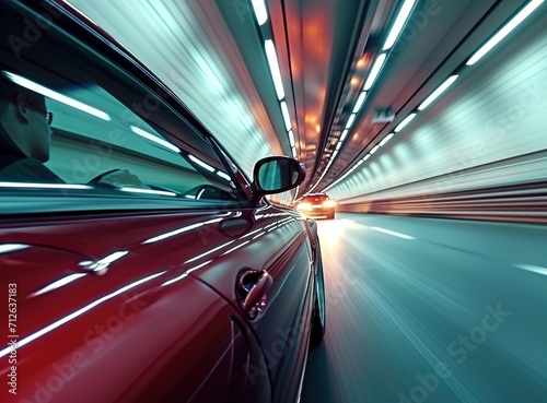 Red car with high speed rides through tunnel with blurred image, side view of car, 3d rendering illustration Generative AI