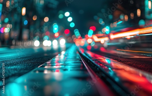 Night lights of big city, abstract blur image of road at night with bokeh for background, colorful cityscape and road, illustration Generative AI