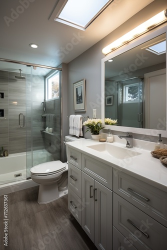 Modern bathroom with white vanity  gray tile shower  and large mirrors