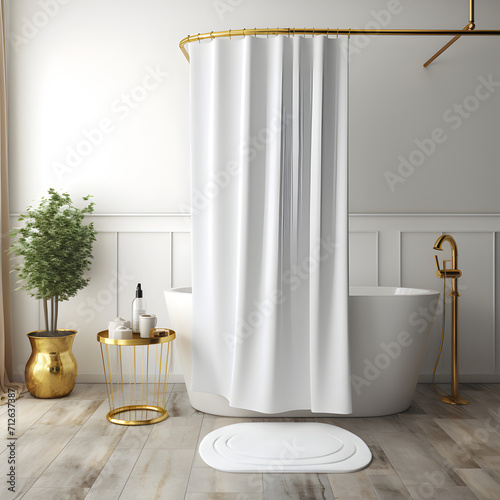 White Shower Curtain Mockup, Front View, elegant minimal modern aesthetic