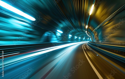 Highway speed tunnel motion blur with stripes of light, high speed motion background, illustration Generative AI © Iaroslav Lazunov