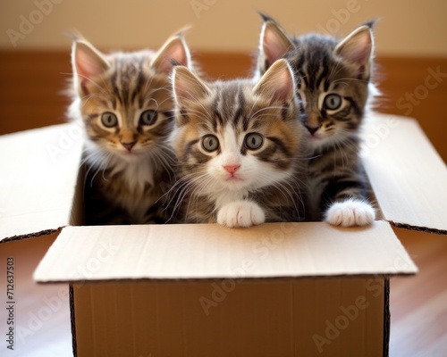 Three small kittens in a cardboard box