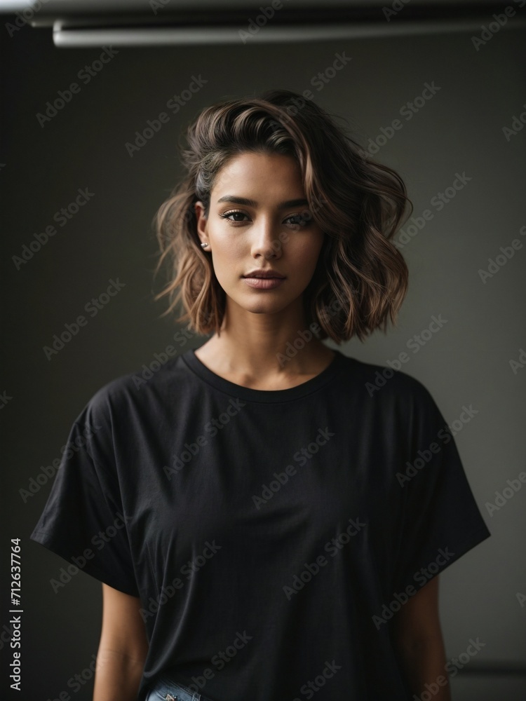 editorial style photograph of a model wearing an oversized blank black vintage distressed faded t-shirt in an old abandoned urban warehouse, shot on film, 16mm, grain, noise, photography, depth of fie editorial style photograph of a model wearing an oversized blank black vintage distressed faded t-shirt in an old abandoned urban warehouse, shot on film, 16mm, grain, noise, photography, depth of fie