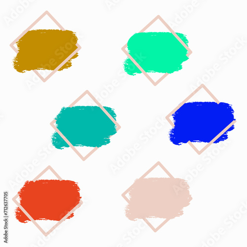 set of labels. Set of six colored vector blots in square frames. Stains of gold, green, sea, blue, brick and beige. Stickers for diaries, backgrounds for inscriptions.