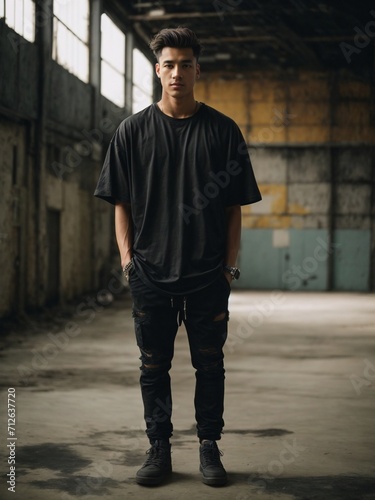 editorial style photograph of a model wearing an oversized blank black vintage distressed faded t-shirt in an old abandoned urban warehouse, shot on film, 16mm, grain, noise, photography, depth of fie © Clint English