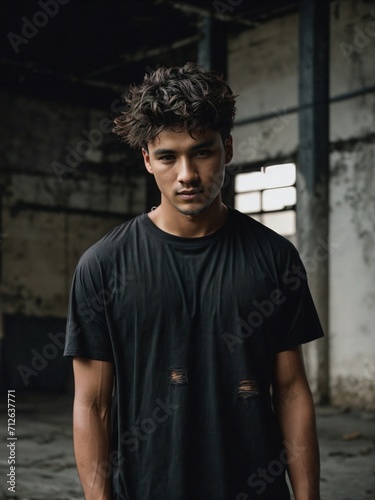 editorial style photograph of a model wearing an oversized blank black vintage distressed faded t-shirt in an old abandoned urban warehouse, shot on film, 16mm, grain, noise, photography, depth of fie