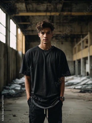 editorial style photograph of a model wearing an oversized blank black vintage distressed faded t-shirt in an old abandoned urban warehouse, shot on film, 16mm, grain, noise, photography, depth of fie