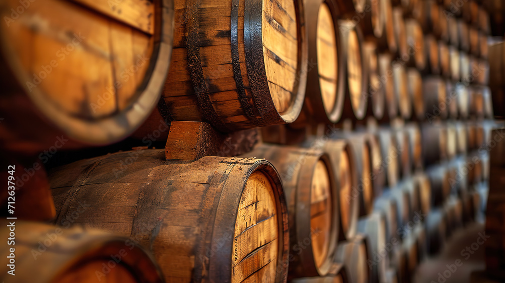 Whiskey bourbon scotch wine barrels in an aging facility