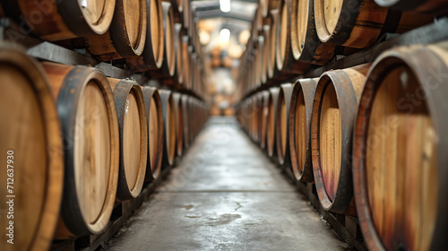 Whiskey bourbon scotch wine barrels in an aging facility