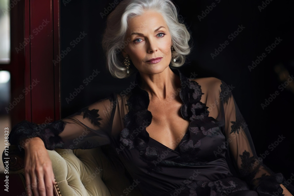 Naklejka premium Elegant senior gray-haired woman in luxury black dress. Beautiful attractive elderly female