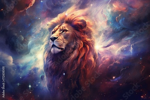 Stunning cosmic artwork showcasing galaxies  nebulae  and a lion-like figure in space. Generative AI
