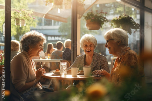 Senior old women friends meeting, gathering in cafe for chatting, gossips and coffee, breakfast photo