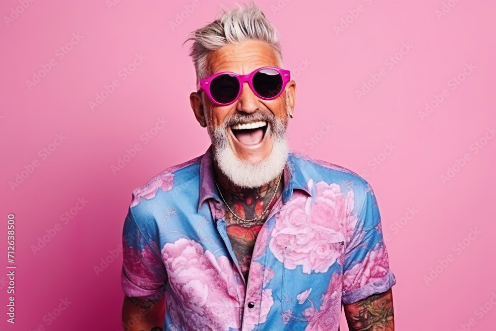 Happy smiling laughing senior mature man with gray hairs and beard, wearing pink sunglasses