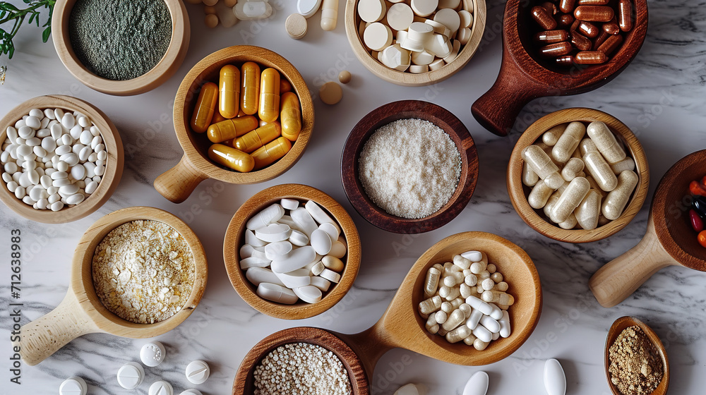 Dietary supplements for health and beauty, in pill and powder forms, vitamins, collagen, biotin Dietary supplements for health and beauty, in pill and powder forms, vitamins, collagen, biotin