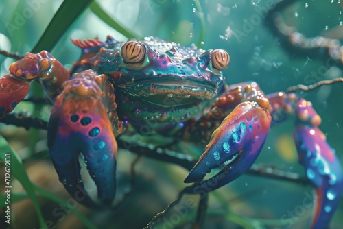 Amphibious creatures with iridescent scales navigating an alien waterworld filled with wonders, a captivating sight as amphibious beings adorned with iridescent scales. photo