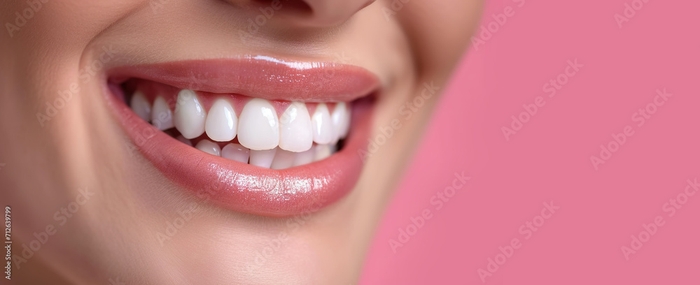 Healthy white teeth and pink gum of a woman, beautiful smile. Dental care concept Healthy white teeth and pink gum of a woman, beautiful smile. Dental care concept