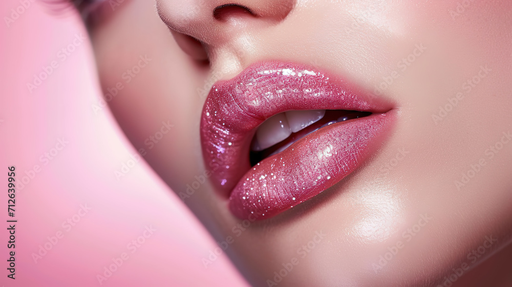 Close-up of beautiful lips with light pink lipstick - obrazy, fototapety, plakaty 