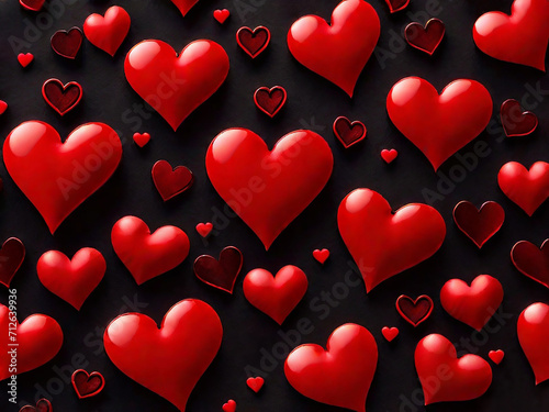 many red hearts on a black background. Valentine's Day, birthday, wedding. Holiday concept