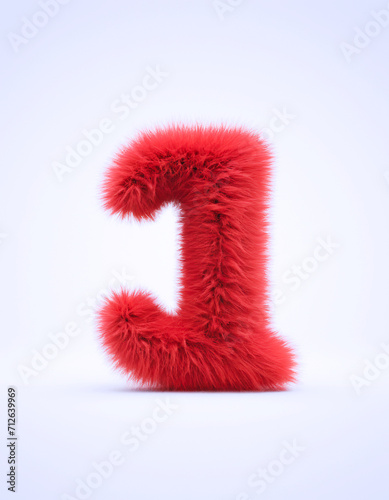 simbolo numero uno realizzato in sofficce pelliccia di colore rosso su sfondo bianco