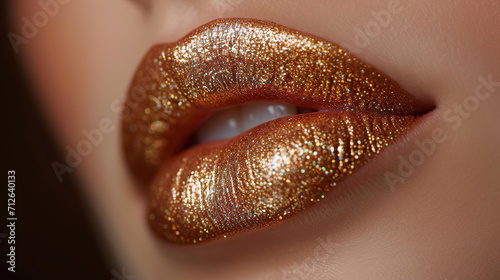 Close-up of beautiful lips with light gold lipstick