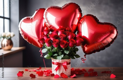 A romantic room decorated with balloons and rose petals