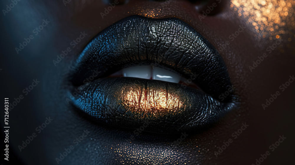 Close-up of beautiful lips with light black lipstick Close-up of beautiful lips with light black lipstick