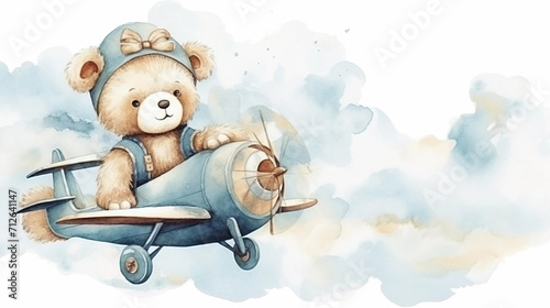 copy space, birthday card in watercolor style, pastel blue colors and golden glitters, sweet bear cub flying a vintage double-decker plane. Cute birth announcement card. Template voor birth cards, cut photo