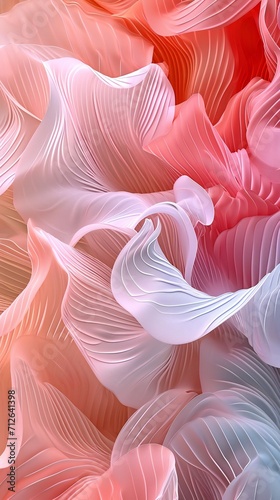 Coral petals gently entwine with cool, wavy leaves, crafting a visual poem of calming rhythms and soft, flowing forms.